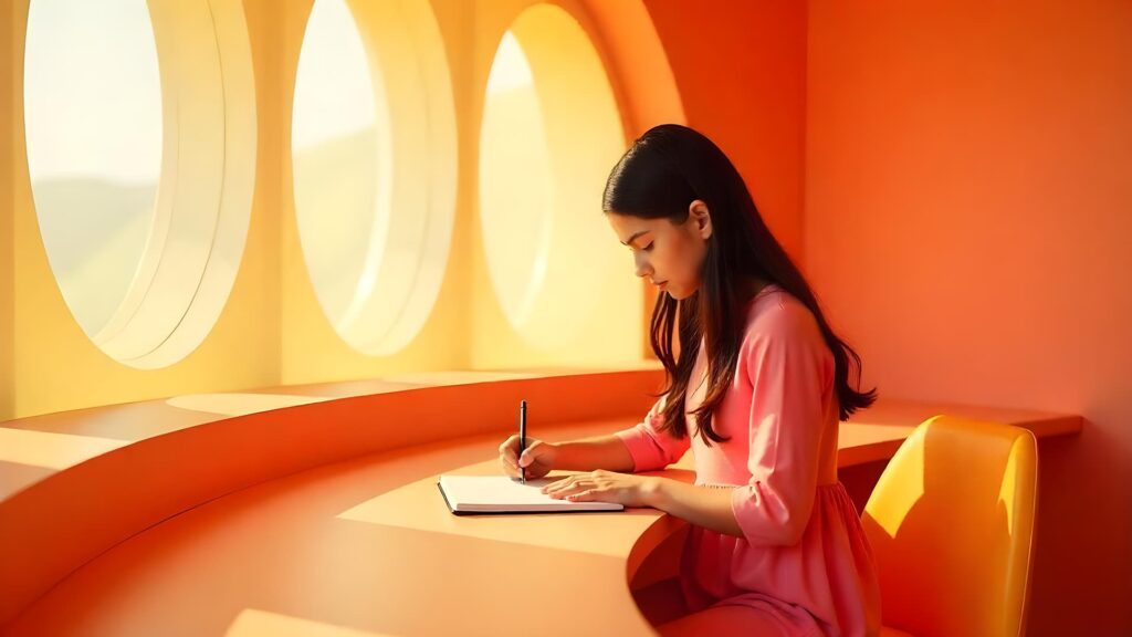 AI Agents ホテルのヒーロー画像：未来的なホテルで、女性が机に向かって仕事をしている。.