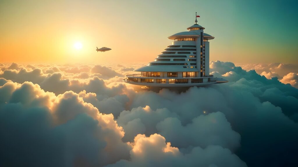 空に浮かぶホテルと、そこを通り過ぎる宇宙船。.