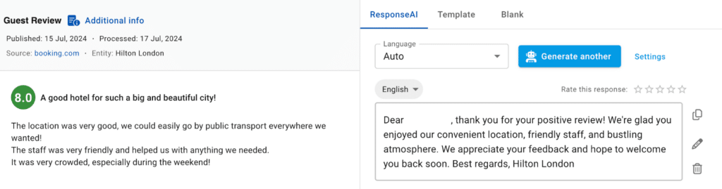 With responseAI, you can also personalize your responses easily, adjusting the tone and language to meet the needs of your guests, enhance their satisfaction, and prevent negative feedback.