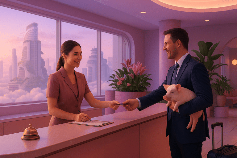 A photo-realistic scene of a smiling hotel receptionist checking in a business traveler holding a small piglet, set in a dreamy retro-futuristic hotel lobby at daybreak. The interior features soft purple and pink hues with curved architectural elements, and large windows revealing a surreal cityscape above the clouds.
