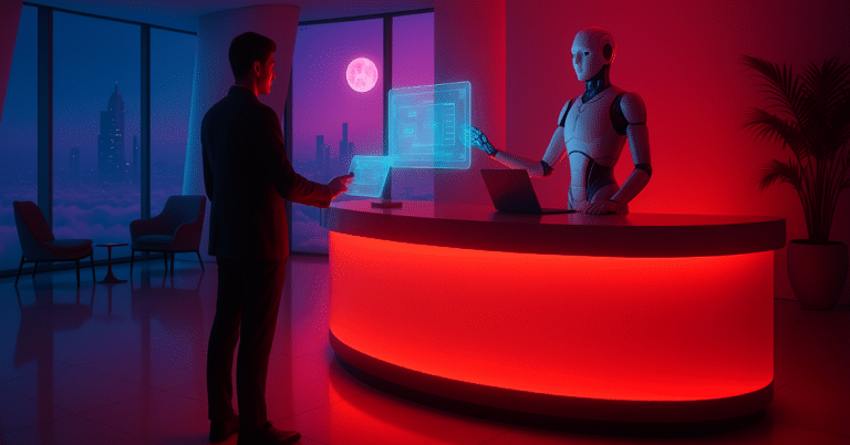 A man at a futuristic front-desk, greeted by an AI Agent. A surrealistic image to demonstrate the future of AI in hospitality.