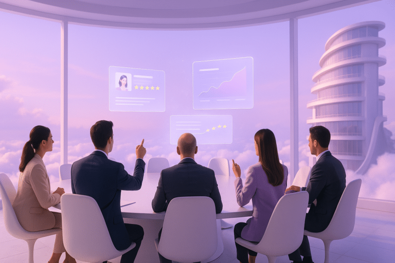 Hotel executives reviewing holographic guest feedback around a white table in a futuristic boardroom above the clouds – representing a CXP for hotels.