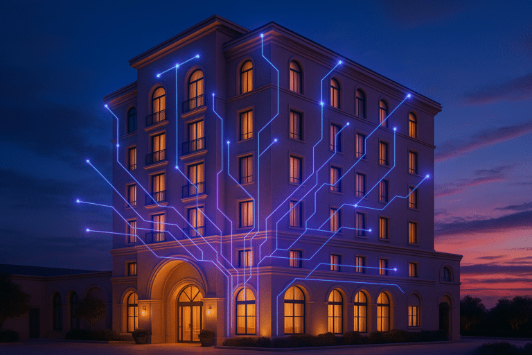 A hotel building at twilight with glowing neural network lines across its facade, symbolizing the integration of hospitality AI into hotel operations.