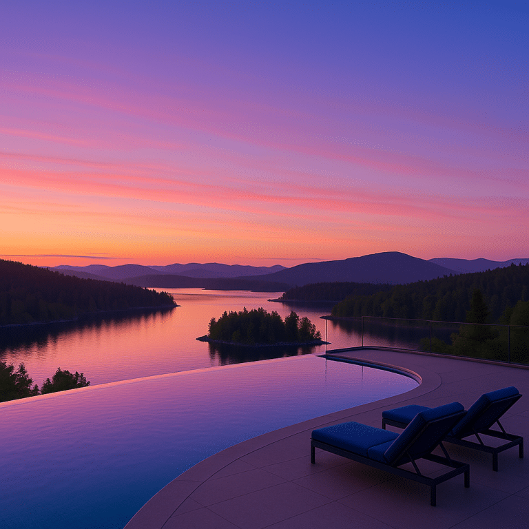 A rooftop infinity pool overlooking scandinavian lakes and forested hills at twilight, with the sky glowing in lavender, peach, and cobalt tones.