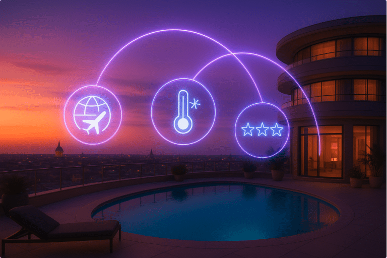 Image displays icons that form a digital ecosystem above a hotel.