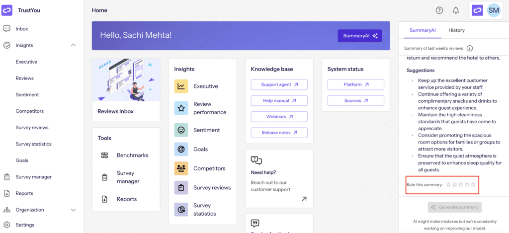 Screenshot shows TrustYou's SummaryAI tool seamlessly integrated in the CXP.